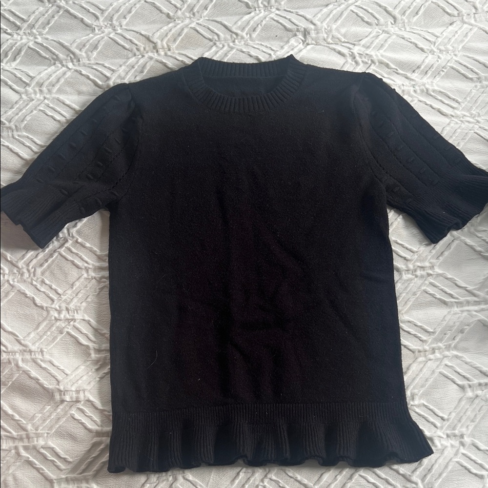 Black Short Sleeve Sweater with Ruffle Hem